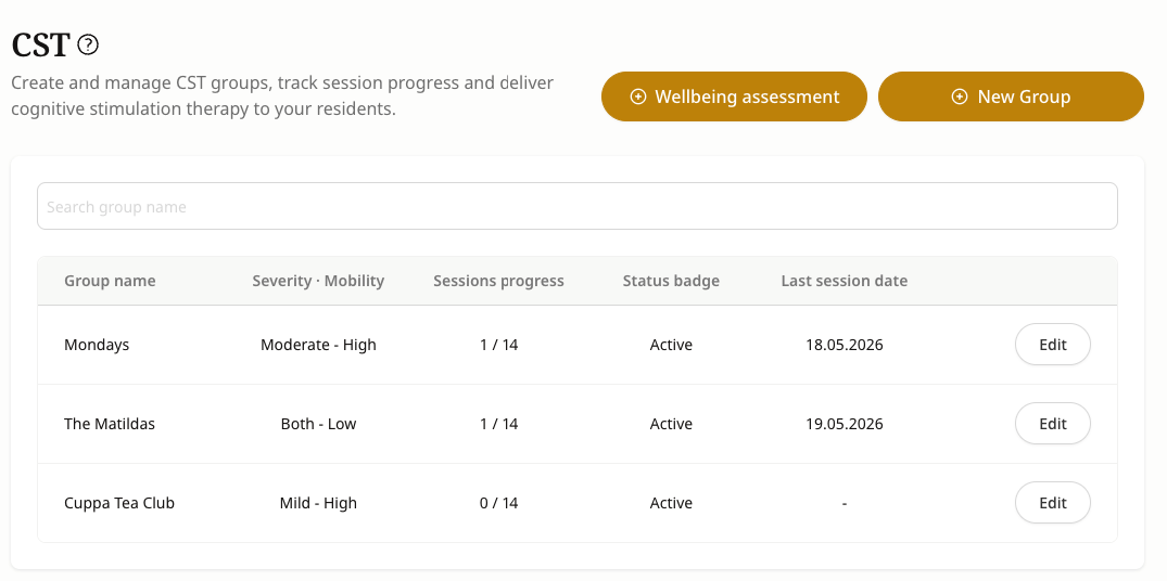 Cognicare group overview screen showing CST groups, session progress, and last session dates