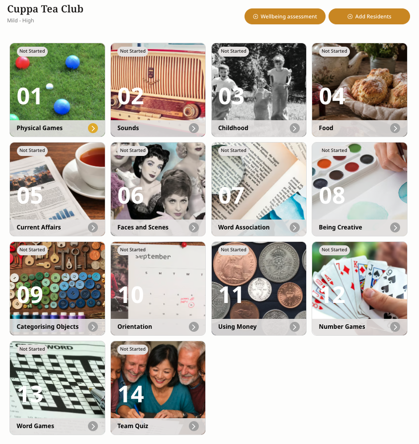 Cognicare session overview showing 14 CST themed sessions including Physical Games, Sounds, Childhood, Food and more